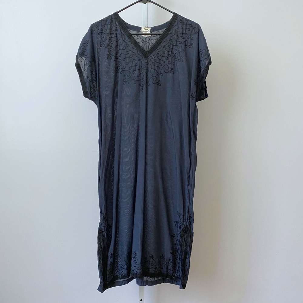 VTG Espionage Boho Beachy Embroidered ‎ Kaftan Dress OS  Blue Summer Coverup